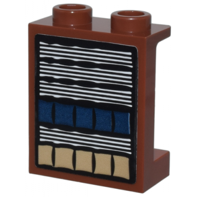 reddish brown panel 1 x 2 x 2 with side supports - hollow studs with dark blue and dark tan books white papers pattern sticker - set 76385