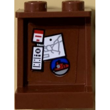 reddish brown panel 1 x 2 x 2 with side supports - hollow studs with tickets red train and light bluish gray route map on reddish brown background pattern sticker - set 71044
