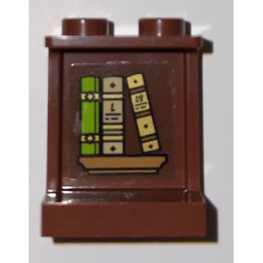 reddish brown panel 1 x 2 x 2 with side supports - hollow studs with lime dark tan and gold books medium nougat shelf pattern sticker - set 75969