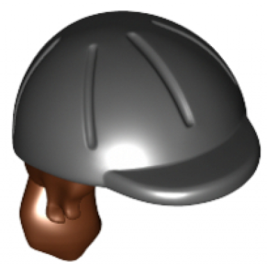 reddish brown mini doll hair combo hair with hat long ponytail side bangs hole in back with molded black horse riding helmet pattern