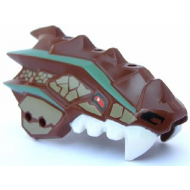 reddish brown dragon head ninjago jaw upper spiny with dark tan scales red eyes sand green stripes and white teeth pattern