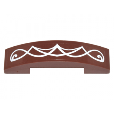 reddish brown slope curved 4 x 1 x 2 3 double with white elves scrollwork pattern sticker - set 41179