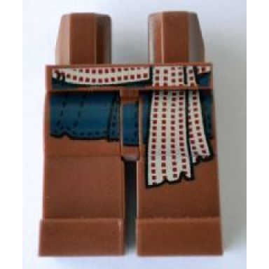 reddish brown hips and legs with dark blue vest tails and red and white stitched sash pattern