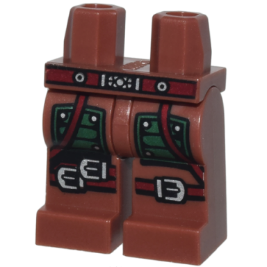 reddish brown hips and legs with dark red belt and knee straps with silver buckles dark green armor pattern
