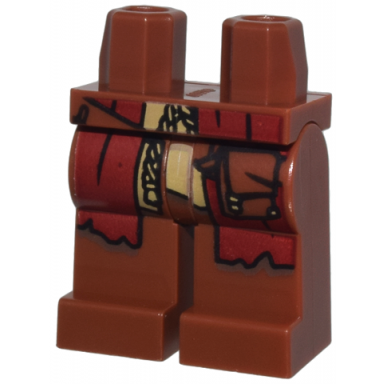 reddish brown hips and legs with dark red and tan robe ends tassel and reddish brown strap with pouch pattern