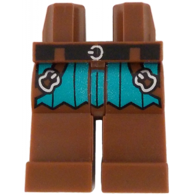 reddish brown hips and legs with black belt with silver buckle dark turquoise surcoat straps with buckles pattern
