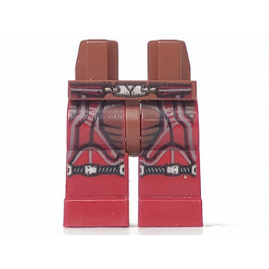 reddish brown hips and dark red legs with dark red belt with silver buckle black and gray lines and knee straps pattern