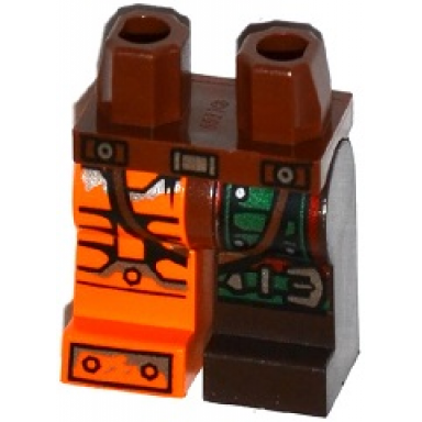 reddish brown hips and 1 dark brown left leg with green armor and knee belt 1 orange right leg with black and silver bolted armor plates pattern
