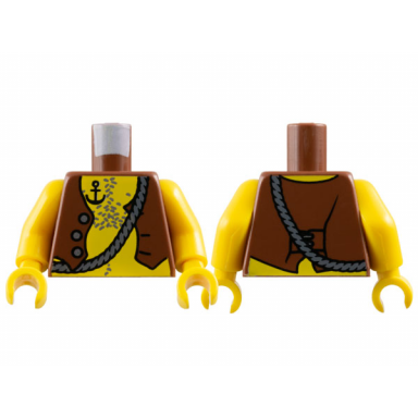 reddish brown torso pirate vest open with silver buttons dark bluish gray rope and chest hair black anchor tattoo on yellow skin pattern yellow arms yellow hands