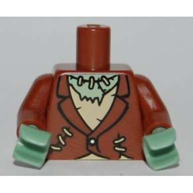 reddish brown torso torn jacket and tan tattered shirt with stitches pattern frankenstein monster reddish brown arms sand green hands