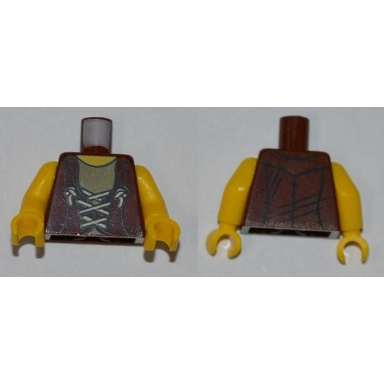 reddish brown torso dino vest with string pattern yellow arms yellow hands