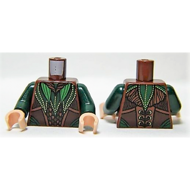 reddish brown torso lotr elven coat with green and dark green leaves with gold dots pattern dark green arms light nougat hands