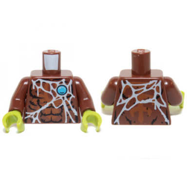 reddish brown torso chima bare chest with spider web and blue round jewel chi pattern reddish brown arms lime hands