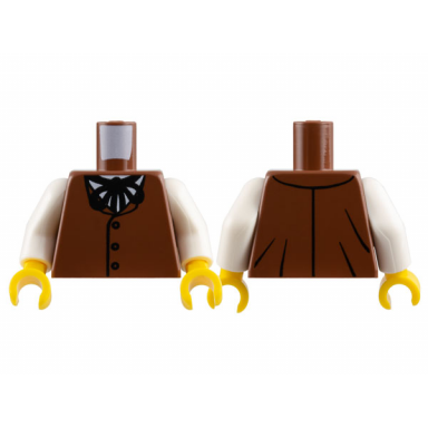 reddish brown torso vest with buttons over white shirt black string tie pattern white arms yellow hands