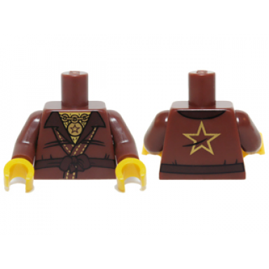 reddish brown torso ninjago robe with open shirt collar belt gold chain with star pendant and gold star on back pattern reddish brown arms yellow hands