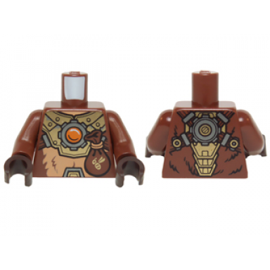reddish brown torso fur with gold mechanical armor pouch and fire chi emblem pattern reddish brown arms dark brown hands