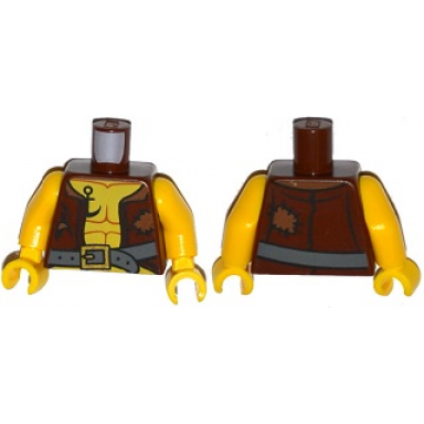 reddish brown torso pirate vest open with medium nougat patches dark bluish gray belt with gold buckle dark orange muscles outline black anchor tattoo pattern yellow arms yellow hands