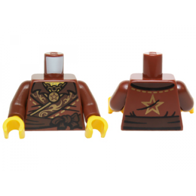 reddish brown torso ninjago robe with gold ornate border chain with star pendant dark brown belt and gold star on back pattern reddish brown arms yellow hands