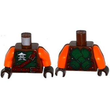 reddish brown torso ninjago green armor with belts ninja skull with crossed swords and scabbards pattern orange arms dark brown hands