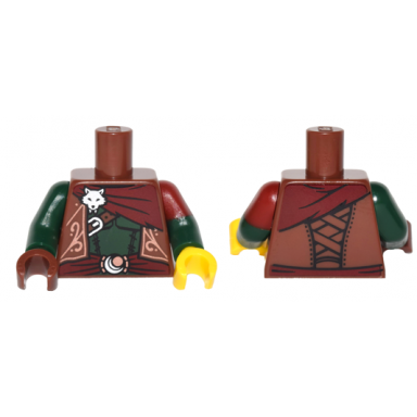 reddish brown torso vest ornate sash silver wolf fox head pattern dark green arm left with dark red short sleeve pattern dark green arm right yellow hand left reddish brown hand right