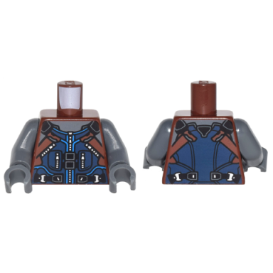 reddish brown torso dark blue and reddish brown vest with zipper and pockets black belt silver buckles pattern dark bluish gray arms dark bluish gray hands