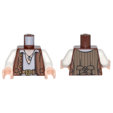 reddish brown torso potc vest with gold design with white open shirt belt and pendant pattern white arms light nougat hands