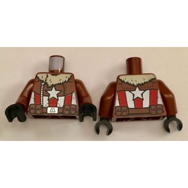 reddish brown torso bomber jacket with tan fur collar white star red and white stripes pattern reddish brown arms black hands