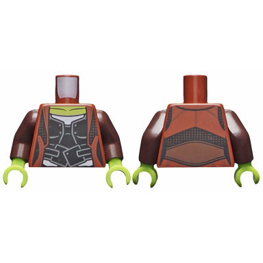 reddish brown torso black vest over white shirt with reddish brown overcoat pattern dark brown arms lime hands