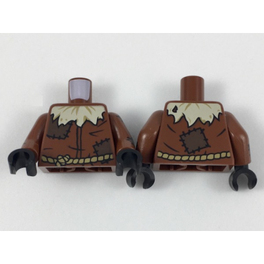 reddish brown torso worn shirt with tan straw at neck and dark brown patches dark tan rope belt reddish brown arms with dark brown patches pattern black hands