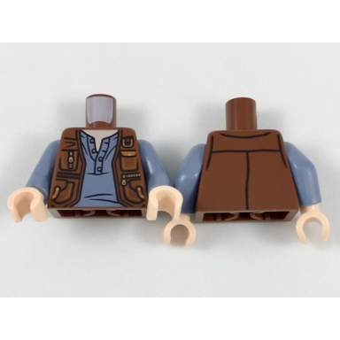 reddish brown torso vest with pockets and gold clasps and zippers over sand blue shirt pattern sand blue arms light nougat hands