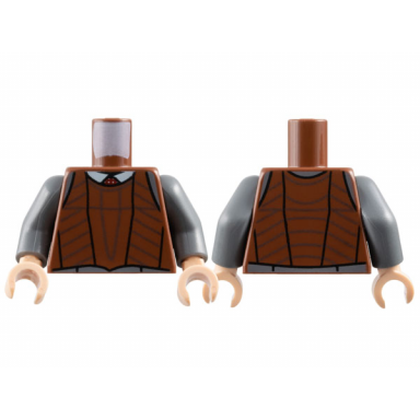 reddish brown torso vest protective over white collar pattern dark bluish gray arms light nougat hands