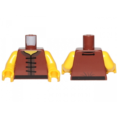 reddish brown torso ninjago robe with black frog clasps pattern yellow arms yellow hands