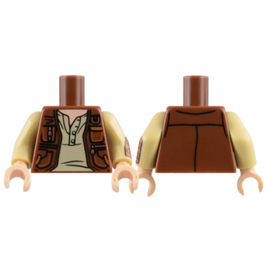 reddish brown torso vest open with pockets and copper zippers over tan shirt with buttons light nougat neck pattern tan arm left with dark orange wrist guard with straps and copper buckles pattern tan arm right light nougat hands