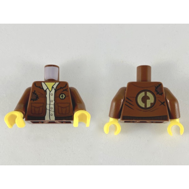 reddish brown torso jacket with gold cp dark brown patch and trim yellow neck and tan button up shirt pattern reddish brown arms yellow hands