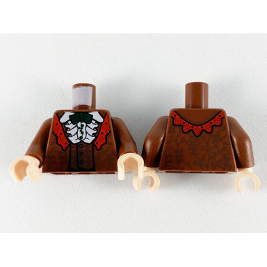 reddish brown torso robe and vest with red lapel white ruffled shirt and dark green bow tie pattern reddish brown arms light nougat hands