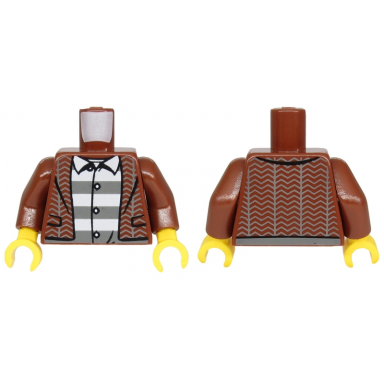 reddish brown torso tweed jacket open over gray and white striped shirt with 3 buttons pattern reddish brown arms yellow hands