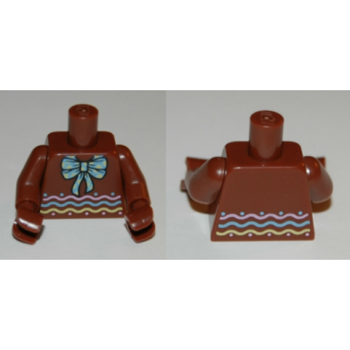 reddish brown torso with bright light blue bow with polka dots bright pink bright light yellow wavy lines pattern bam reddish brown arms reddish brown hands