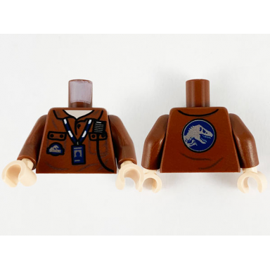 reddish brown torso polo shirt light nougat neck radio id badge on lanyard jurassic world logo on front and back pattern reddish brown arms light nougat hands