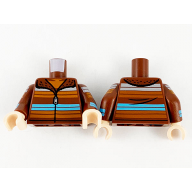 reddish brown torso jacket with zipper and multicolor stripes pattern reddish brown arms with light bluish gray orange and medium azure stripes pattern light nougat hands