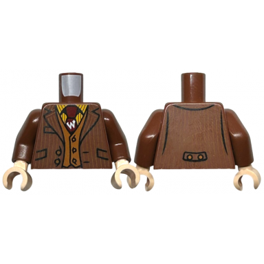 reddish brown torso jacket over orange vest striped shirt and dark red tie with letter w pattern reddish brown arms light nougat hands