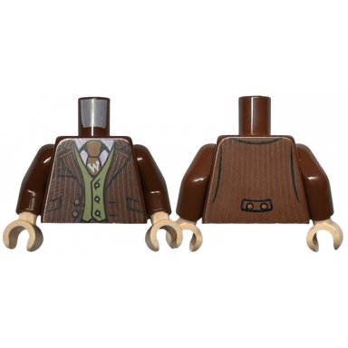 reddish brown torso jacket over sand green vest striped shirt and dark orange tie with letter w pattern reddish brown arms light nougat hands