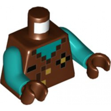 reddish brown torso pixelated dark turquoise neck black dark brown and gold pattern dark turquoise arms reddish brown hands