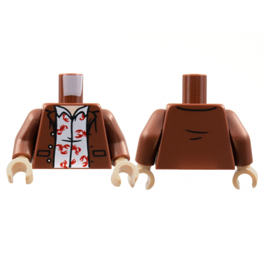 reddish brown torso jacket light nougat neck white shirt with red lobsters pattern reddish brown arms light nougat hands