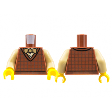 reddish brown torso cardigan sweater dark brown crisscross stripes white shirt tan bow tie pattern tan arms yellow hands