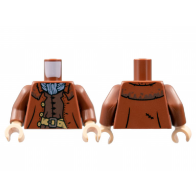 reddish brown torso coat with dark tan buttons and belt with silver buckle sand blue scarf dark brown vest pattern reddish brown arms light nougat hands