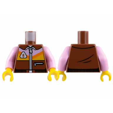 reddish brown torso jacket white zipper bright pink and bright light orange panel with orange diagonal stripe pattern bright pink arms yellow hands