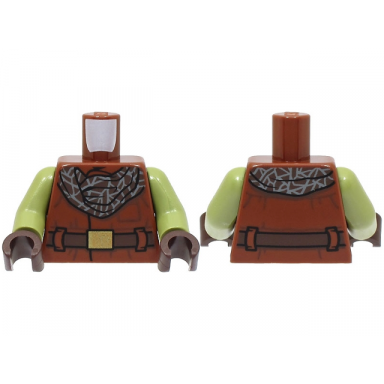 reddish brown torso coat with pocket and dark brown belt with gold buckle bandana with dark bluish gray trim pattern olive green arms dark brown hands