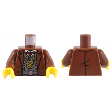 reddish brown torso suit jacket dark bluish gray vest dark red tie and gold police badge on chain pattern reddish brown arms yellow hands