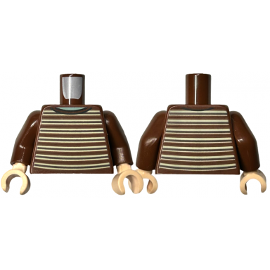 reddish brown torso sweater with dark brown and tan horizontal stripes sand green neck pattern reddish brown arms light nougat hands