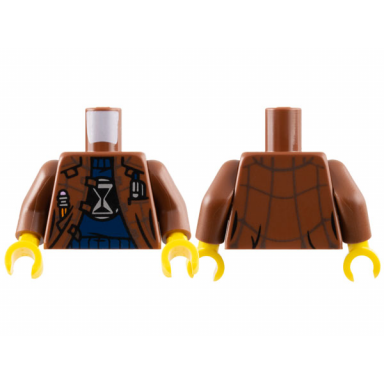 reddish brown torso jacket open with dark brown lines over dark blue sweater with silver and black hourglass logo pencil and pen in pockets pattern reddish brown arms yellow hands